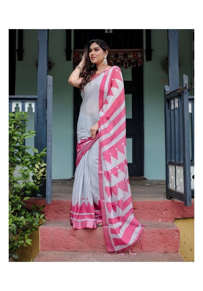 Malishka Export Grey Linen Cotton Graphic Pattern Saree for Women - Image 3